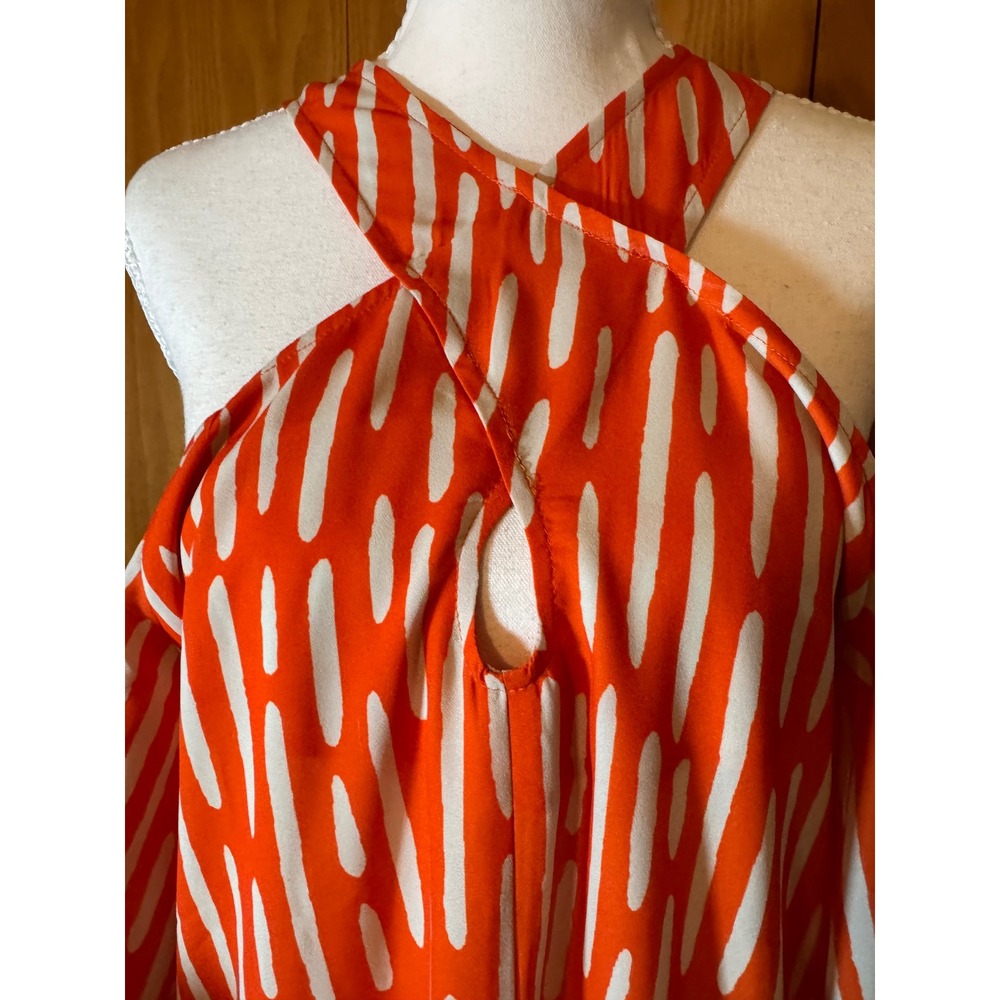 New York & Company Orange White Abstract Print Cold Shoulder Halter Top Small - Picture 5 of 7